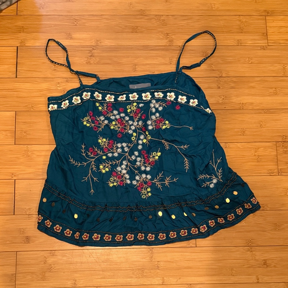 Anthropologie Teal Floral Embroidered Camisole